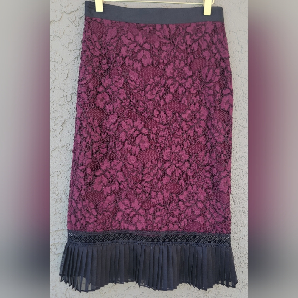 Alexis Lace Midi Skirt Pleated Hem Romantic Coquette Size Small burgandy & black - Picture 8 of 12